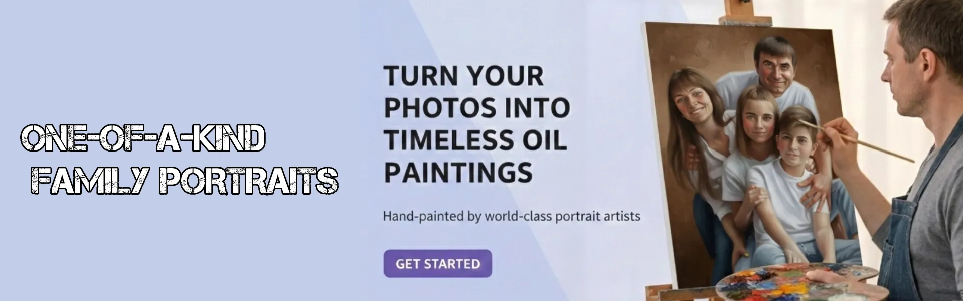 Custom family portrait service showing an artist hand‑painting a family of five from a photo, promoting one‑of‑a‑kind family portraits and timeless hand‑painted oil artwork.